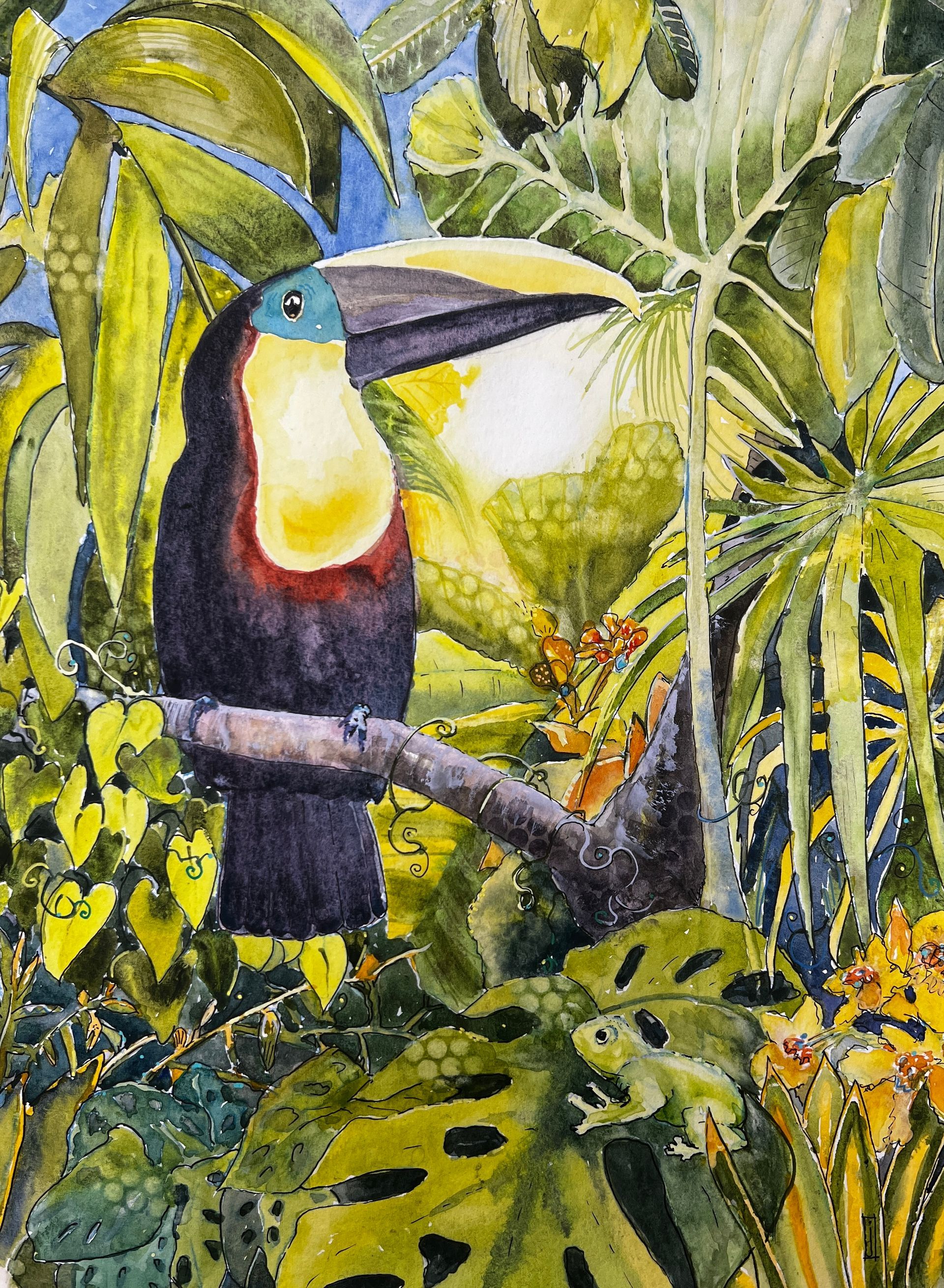 A painting of a toucan in a jungle.