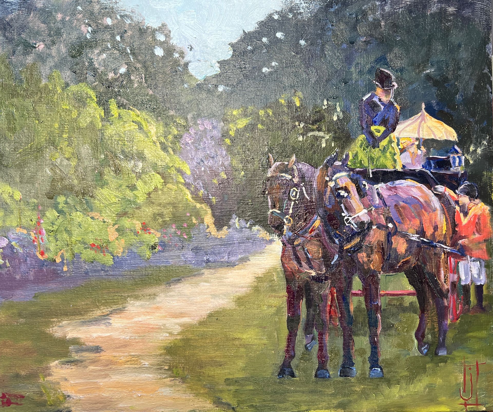 horses pulling a carriage having a rest