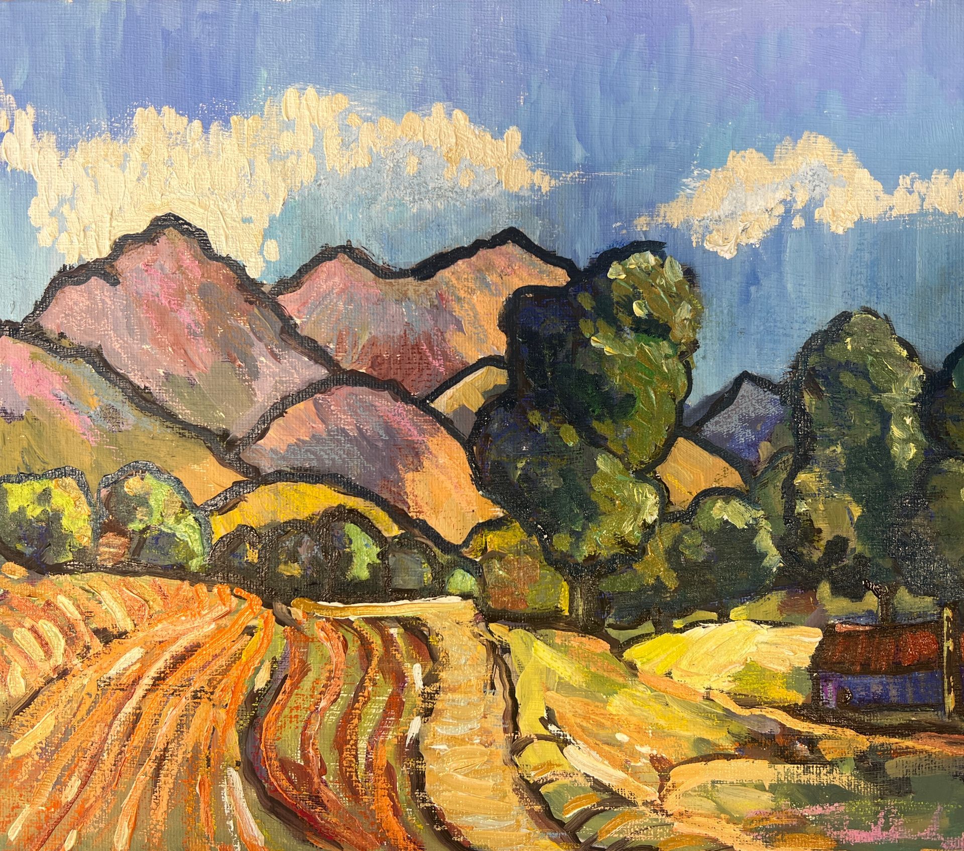 A sunny hillside in Tuscany painted in oils