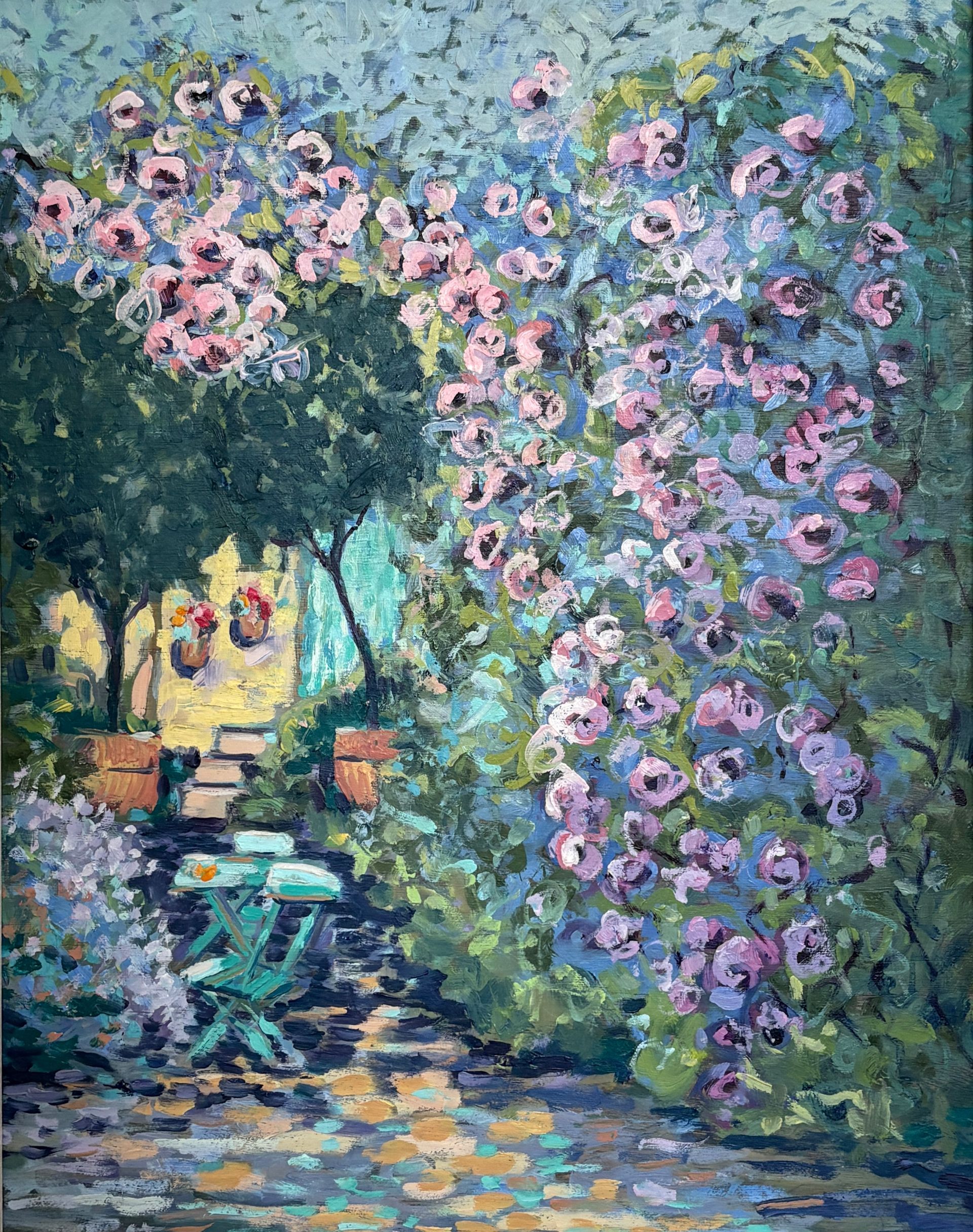 oil painting of roses surrounding a small table and chairs in shades of turquoise and pink