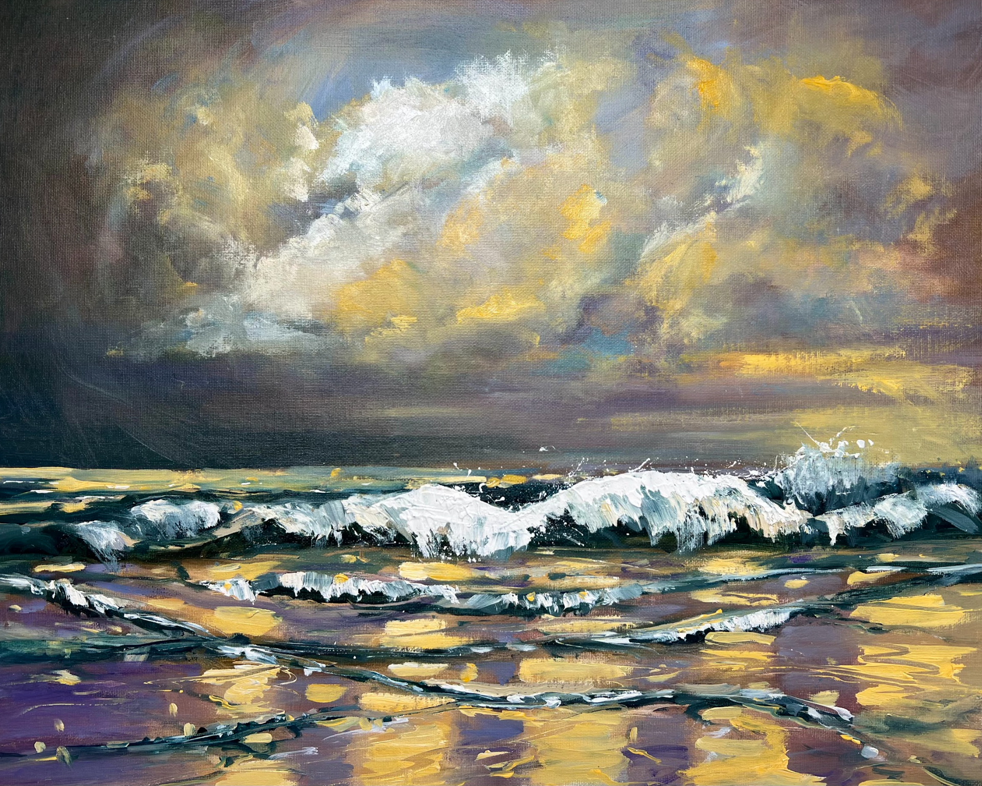 Oil painting of the sea, colours include violet and orange