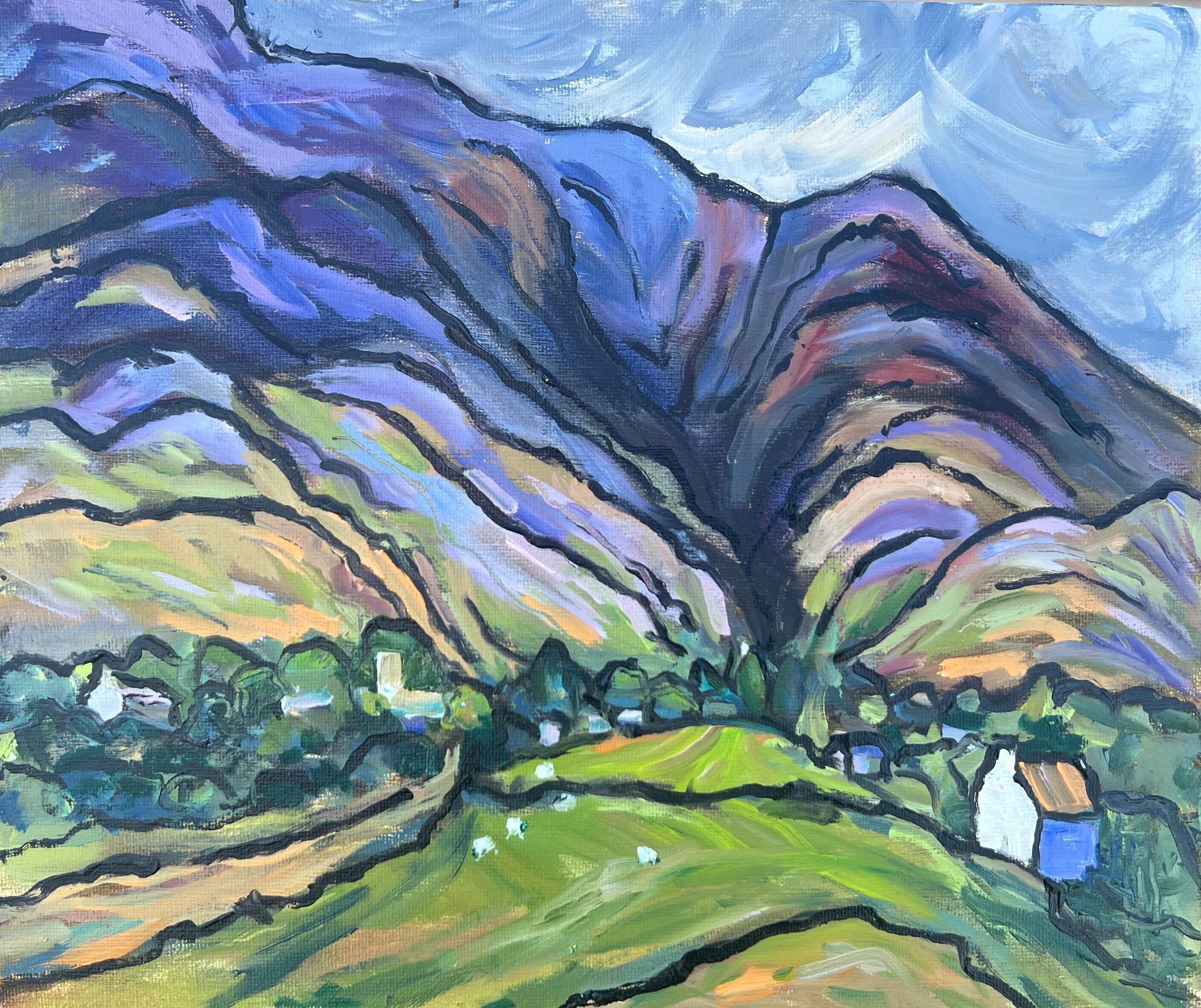 An oil painting of a fell view with colourful purple hills rolling down into a green lit meadow and a white cottage.