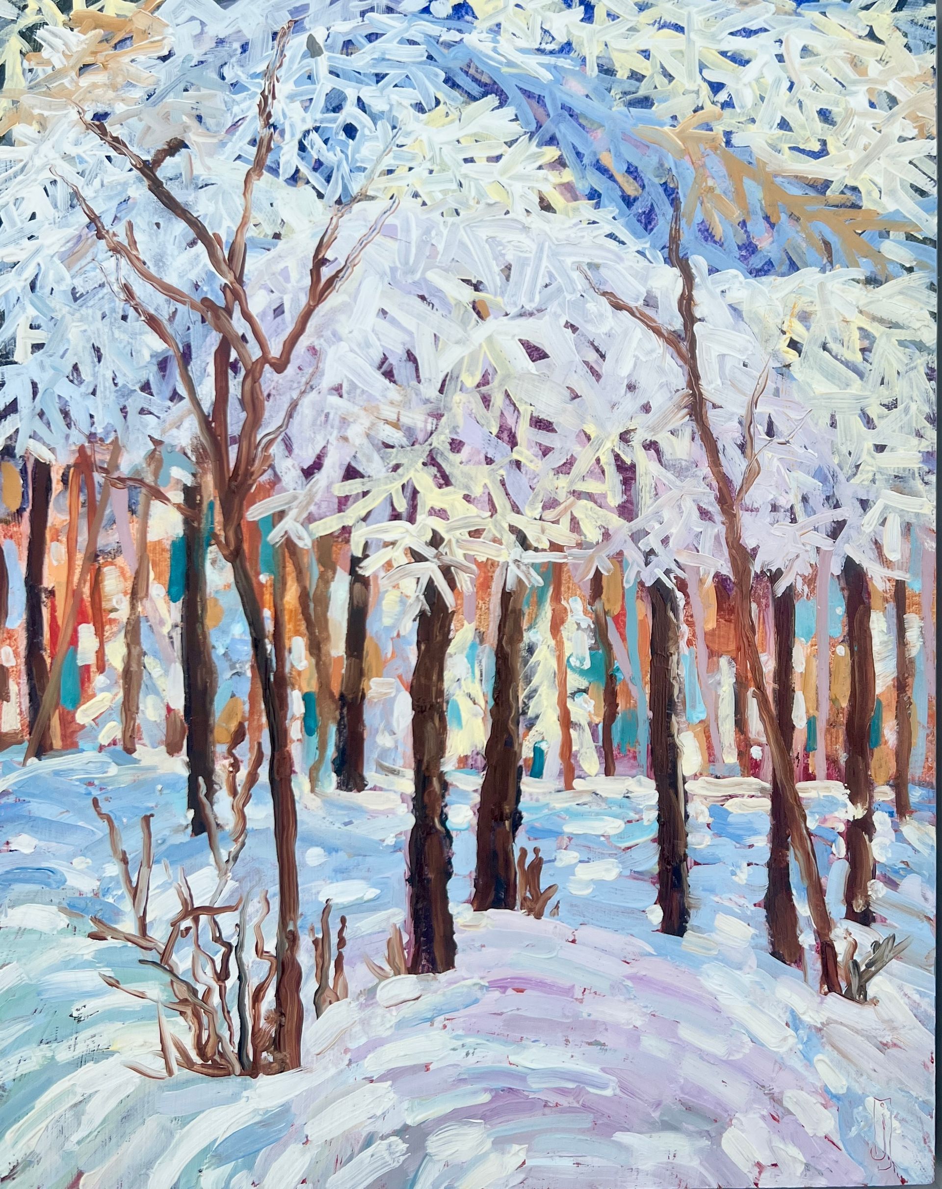 Winter trees painted in oils with lots of warm colours to suggest the season is more than just cold white snow.