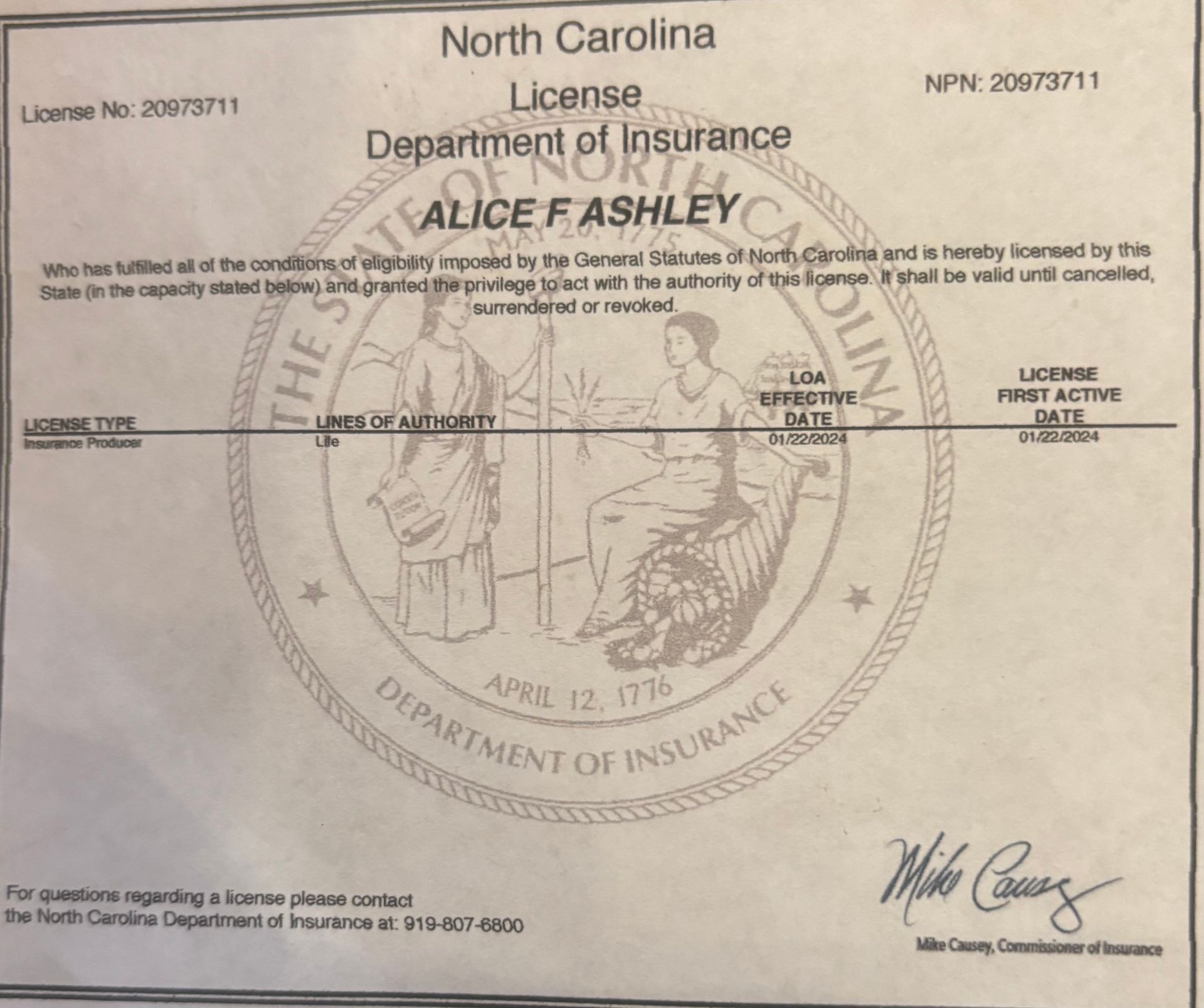 A north carolina license from the department of insurance