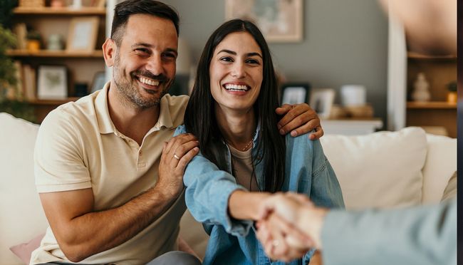 A man and woman are shaking hands with a real estate agent while sitting on a couch.