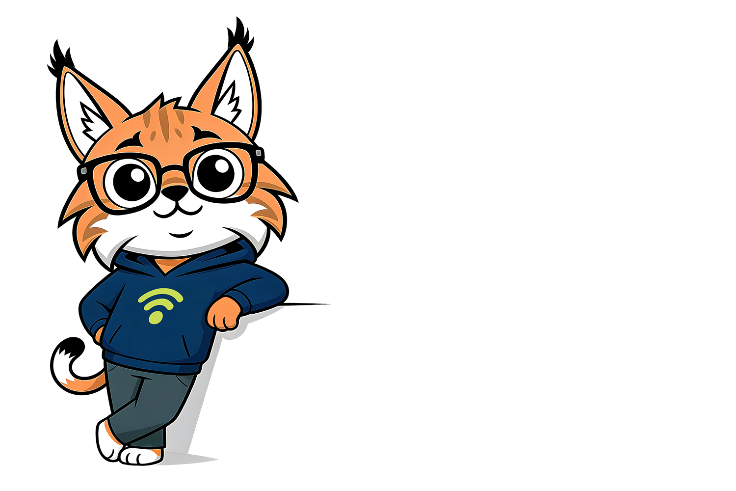 Cartoon fox mascot in glasses and a blue hoodie, leaning casually against a white background