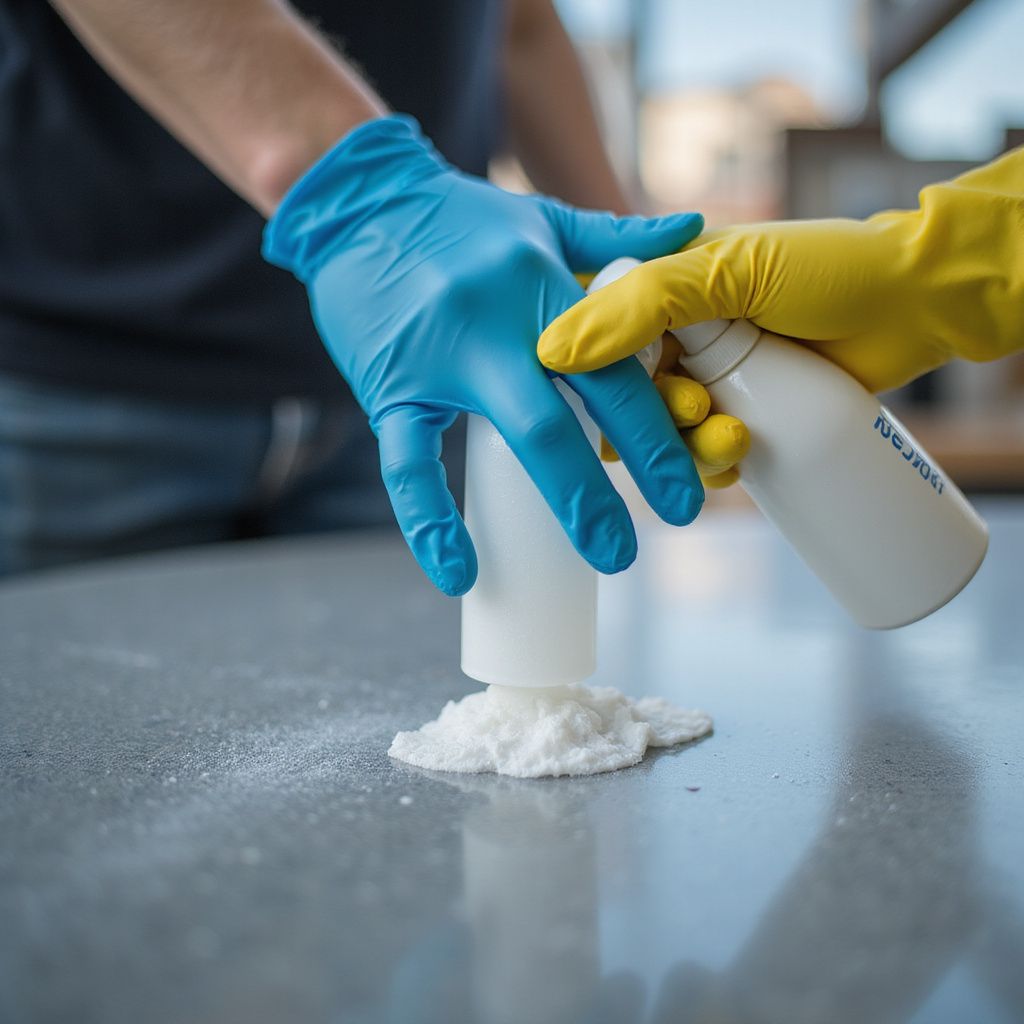 Hands in blue and yellow gloves, spraying cleaner on a surface with powder.