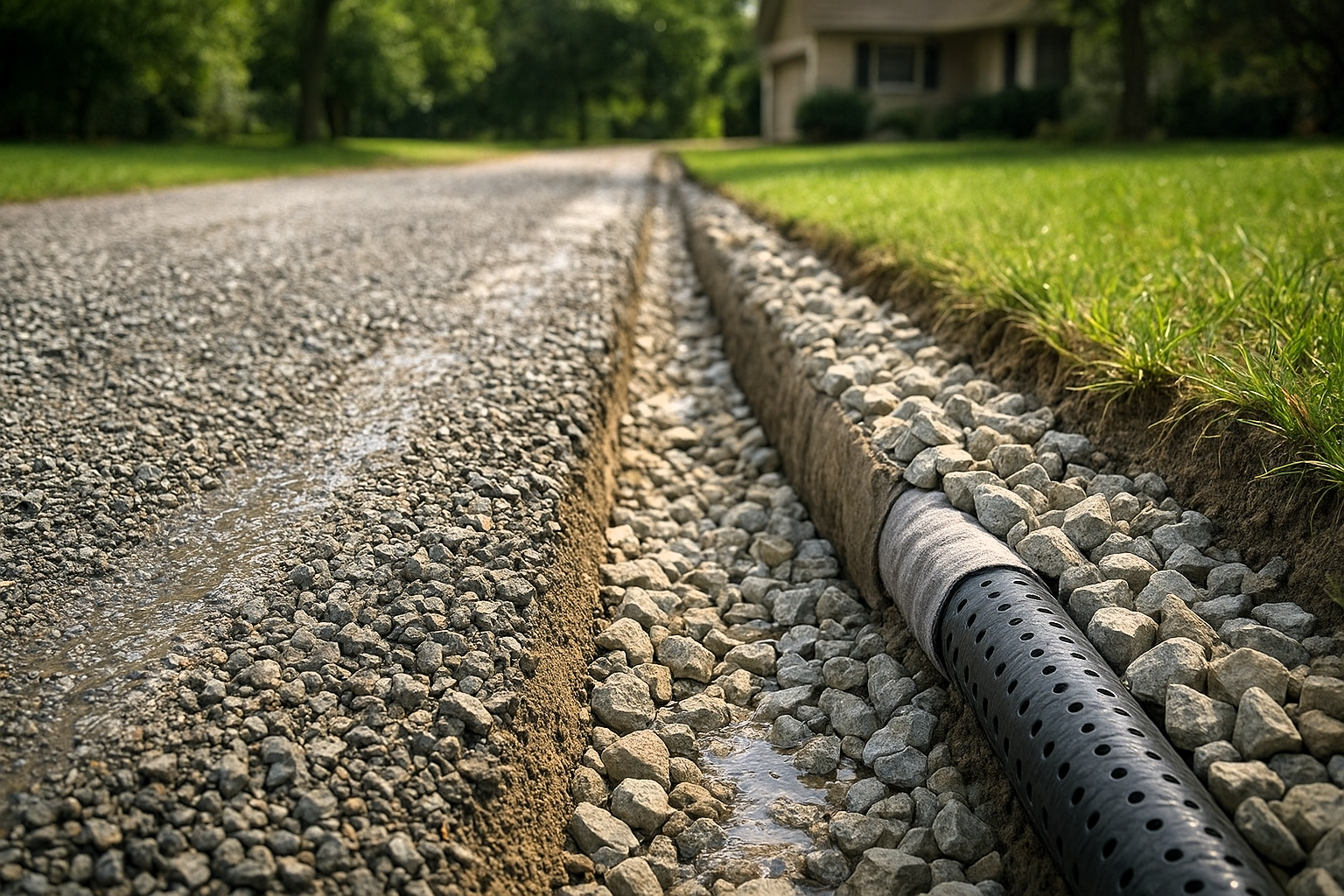 Gravel driveway drainage system with perforated pipe and stone trench