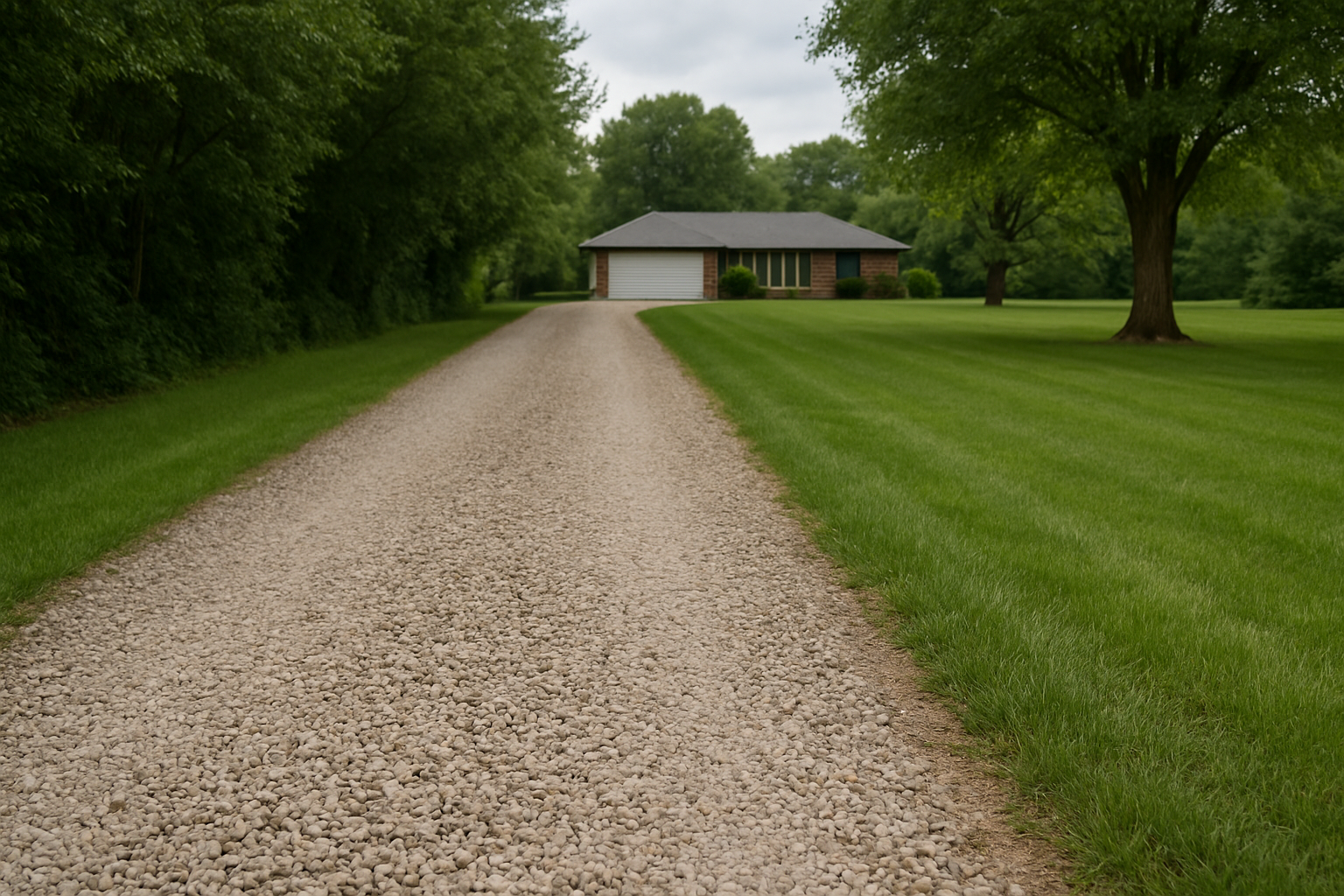 gravel driveway leading to a brick house with green lawn and trees under a cloudy sky