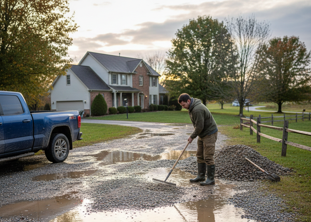 Man raking fresh gravel to repair potholes in a muddy driveway after heavy rain.