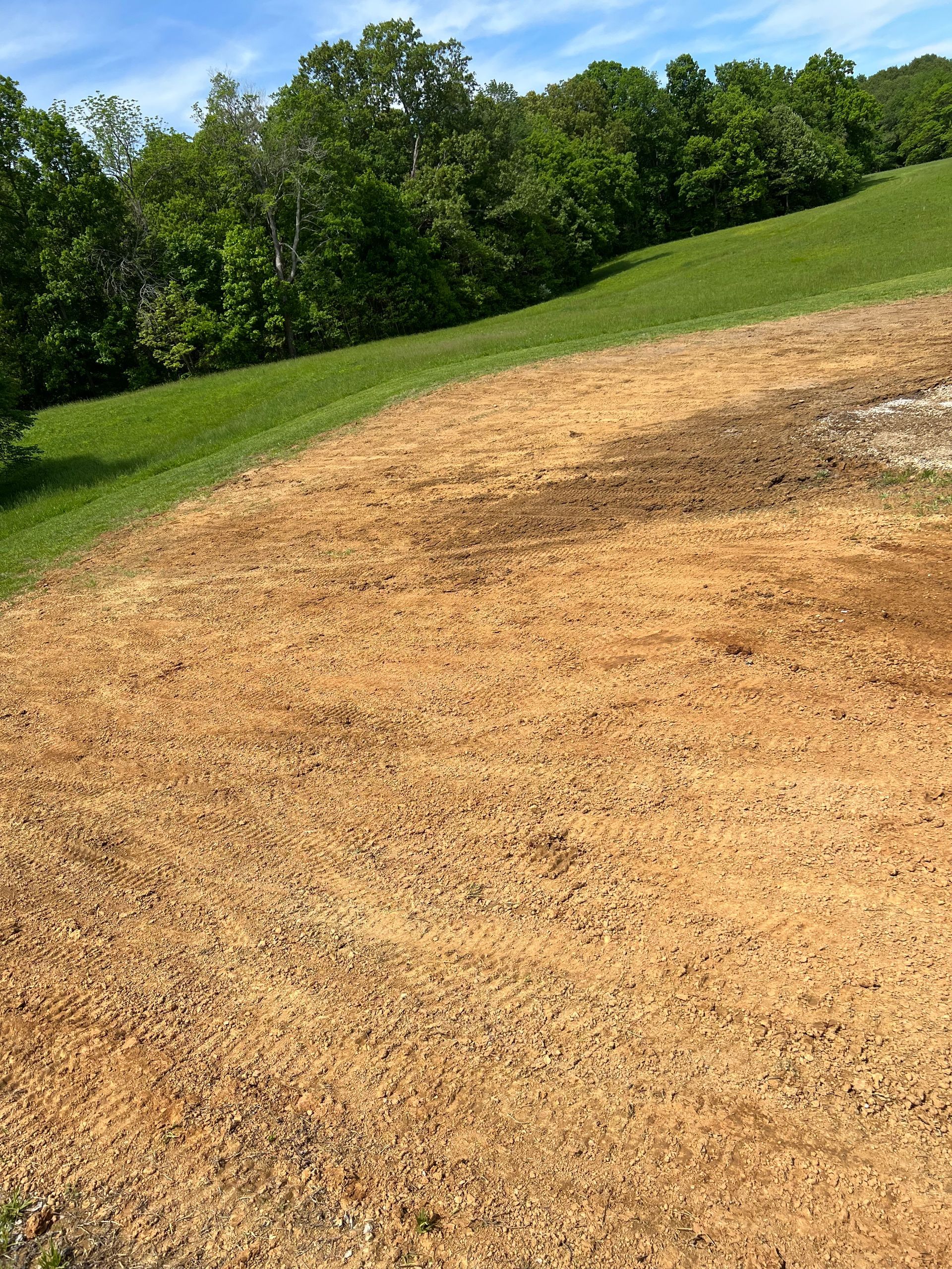 A field of dirt and grass with trees in the background.