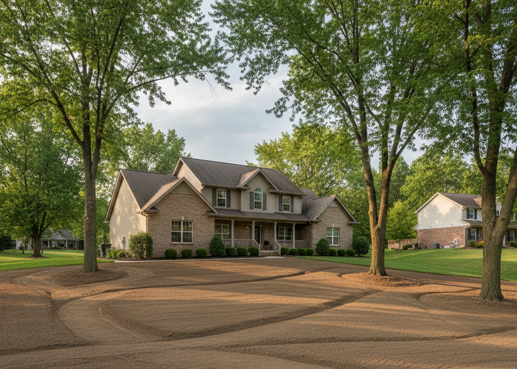 Newly graded and tilled dirt surrounding a large brick home for proper water drainage