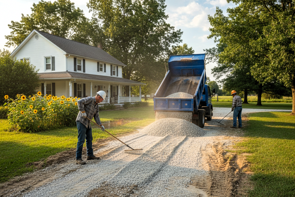 Gravel driveway repair with dump truck and workers in Marion, Illinois