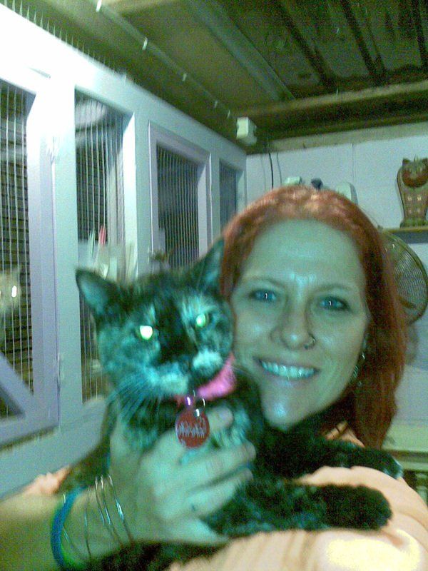 A woman is holding a cat in her arms and smiling