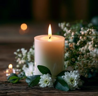 Memorial candle with white flowers for cremation services in Chandler, AZ.
