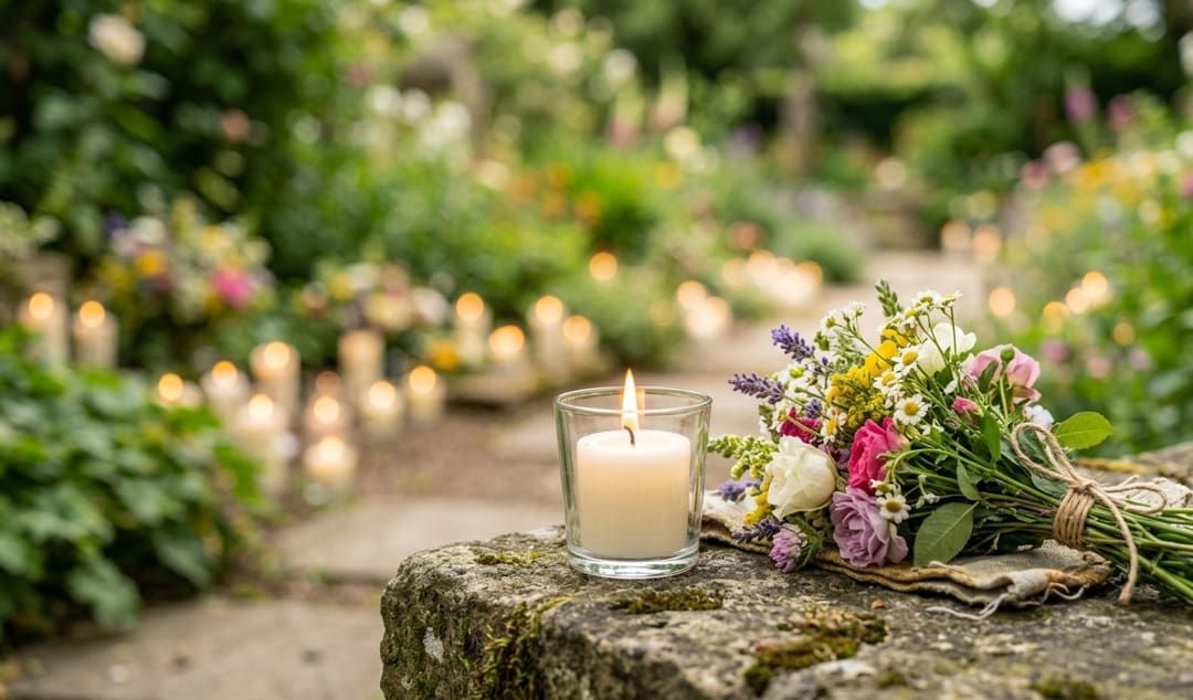 Elegant memorial flowers beside a candle pathway at the Mesa, AZ funeral home and cremations