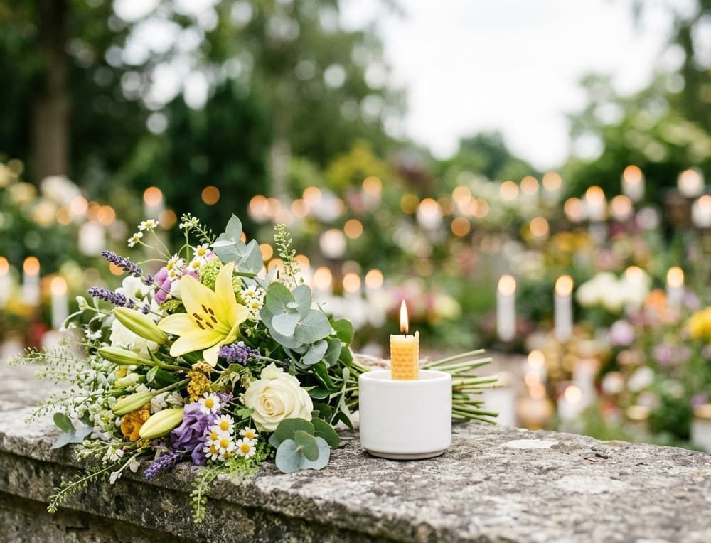 Floral tribute and candlelight memorial at Chandler, AZ funeral home and cremations