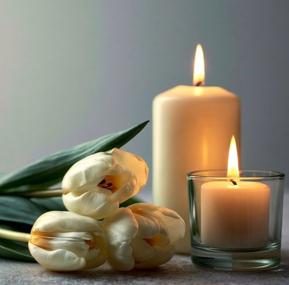 White tulips and memorial candles symbolize funeral homes in Gilbert, AZ.