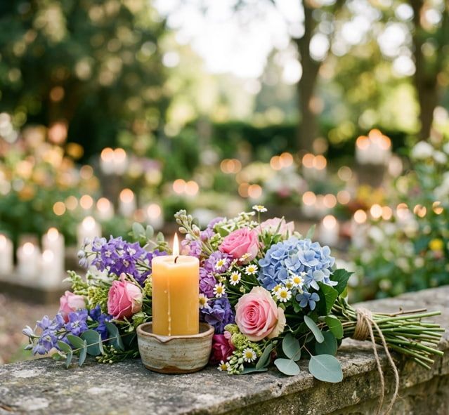 Garden memorial display for Mesa, AZ funeral home and cremations with flowers and candles