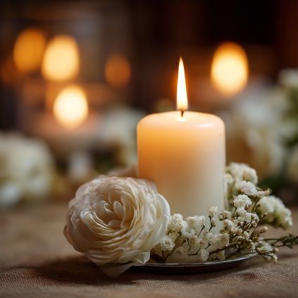 Lit memorial candle with white flowers creates comforting tribute setting in Chandler, AZ.
