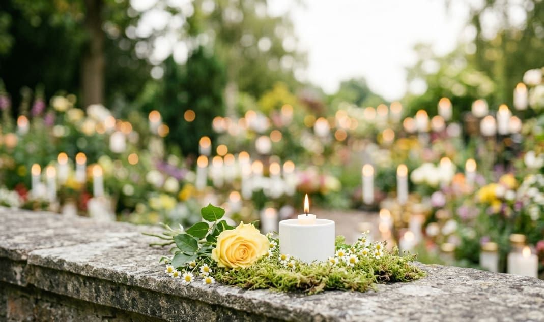 Peaceful candle and floral memorial display at Chandler, AZ funeral home and cremations
