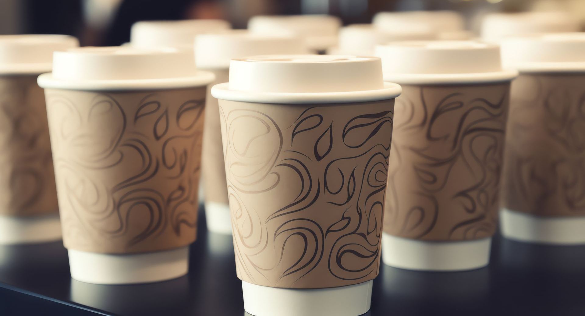 A row of paper coffee cups with lids on a table