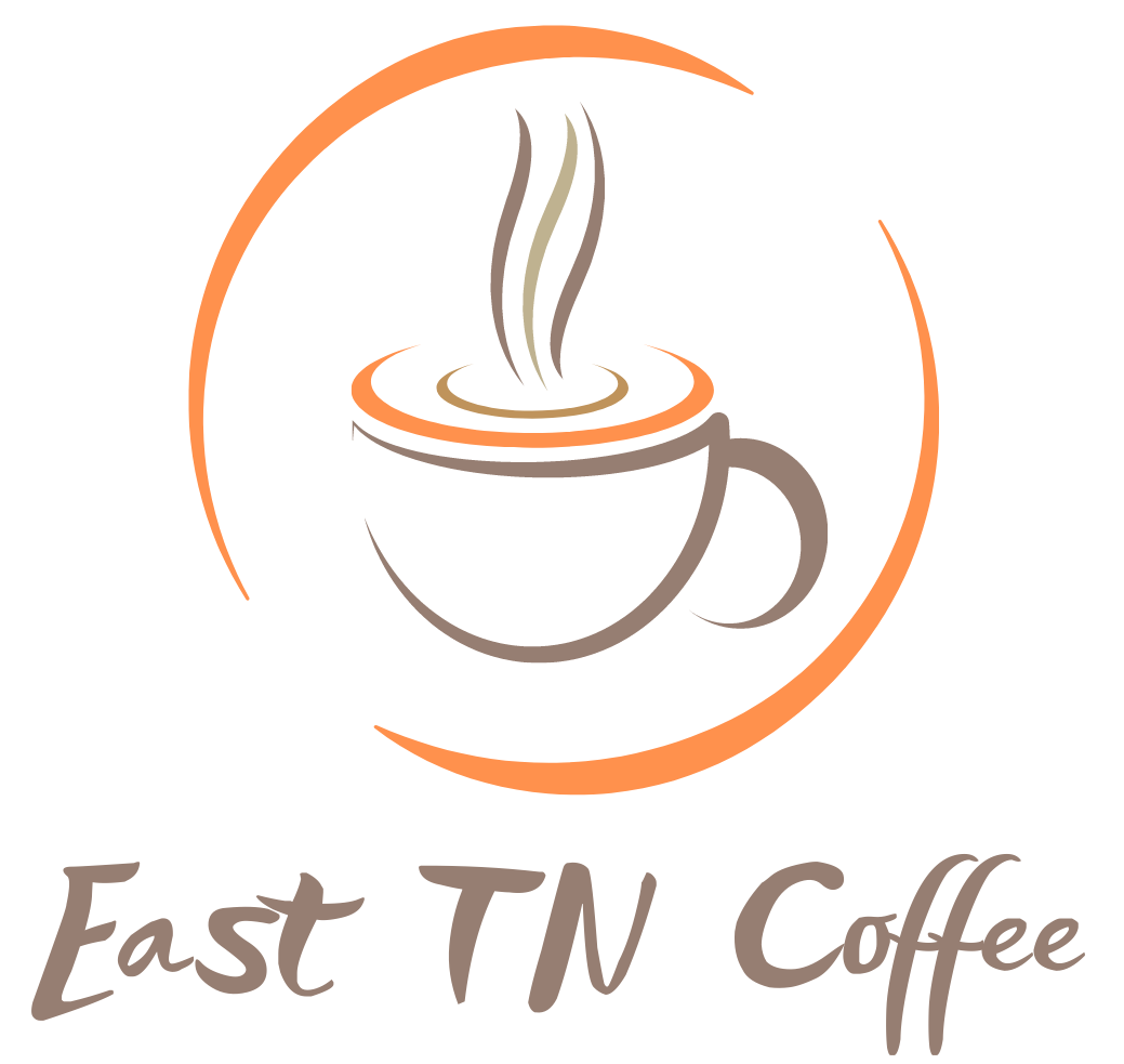 A logo for east tn coffee shows a cup of coffee with steam coming out of it