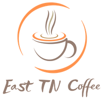 A logo for east tn coffee shows a cup of coffee with steam coming out of it