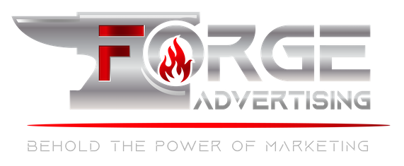 The logo for forge advertising shows a flame and says behold the power of marketing.