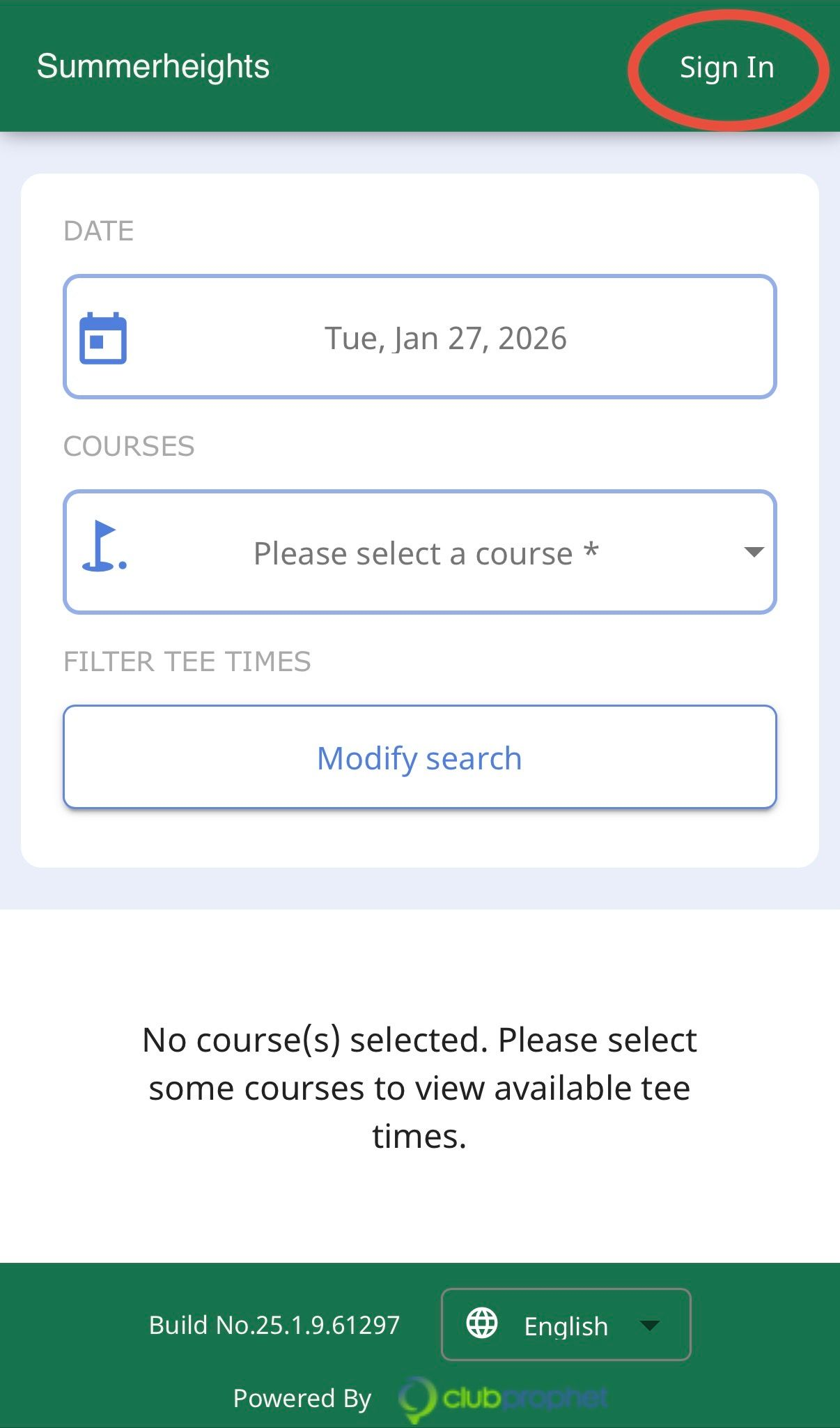 Mobile screen with a sign-in form. Fields for date and location with a green and white color scheme.