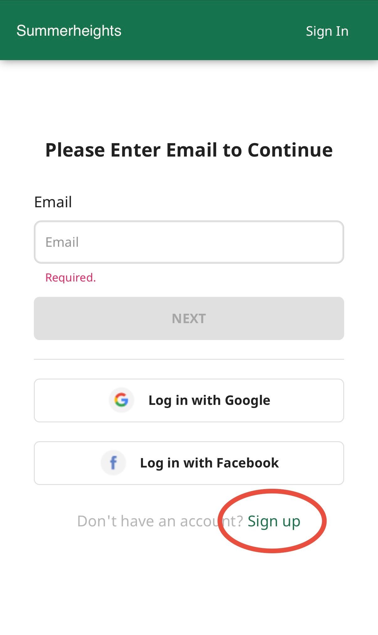 Sign-in screen prompting user to enter email to continue. Options include Google and Facebook login, and signup link.