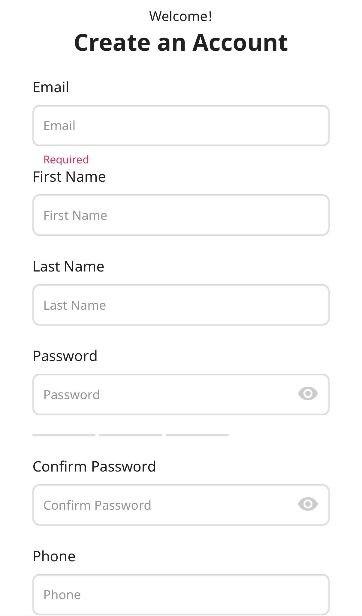 Account creation form: Email, first name, username, password, confirm password, and phone number fields.