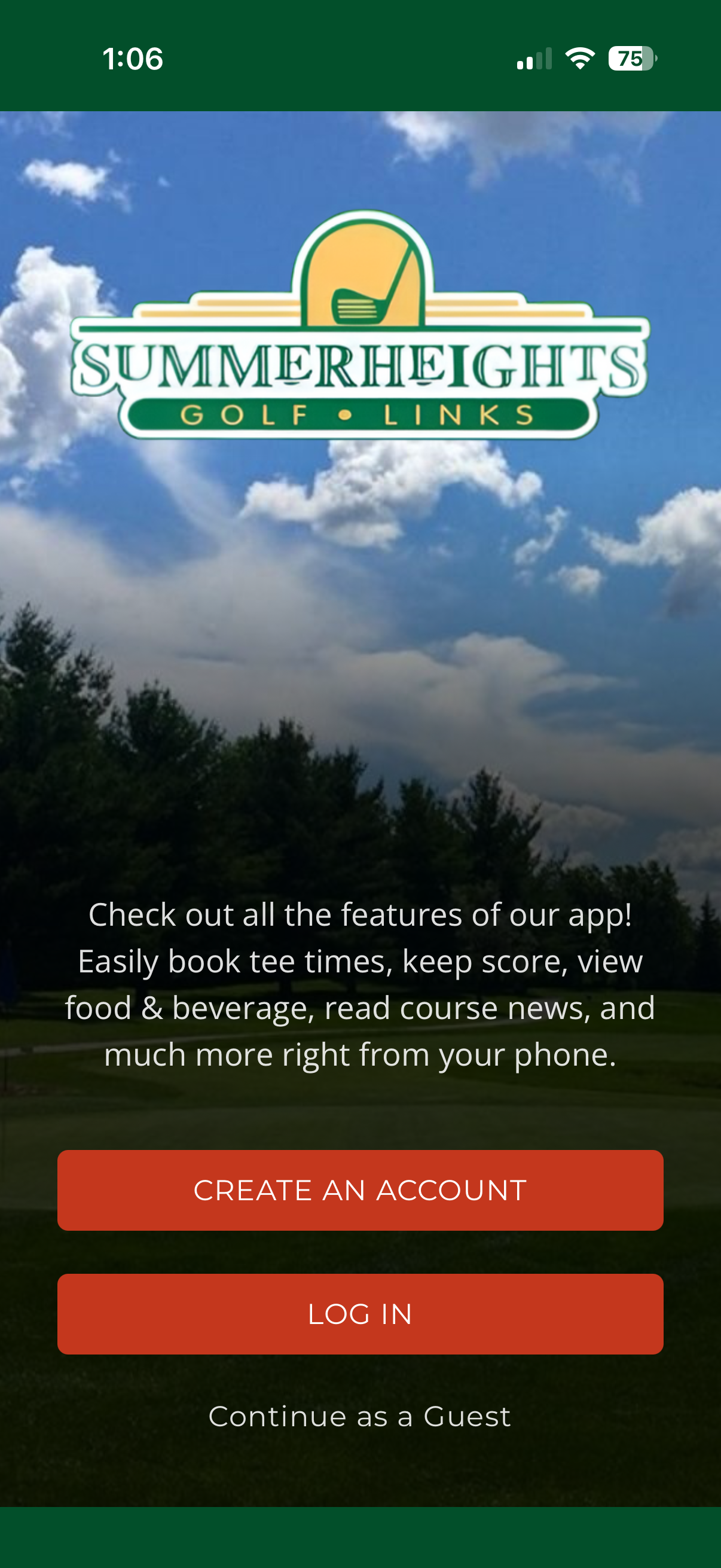 screenshot of summerheights golf links app with two buttons - create an account or sign in