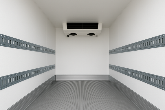 The inside of a refrigerated truck with a refrigerator on the ceiling.