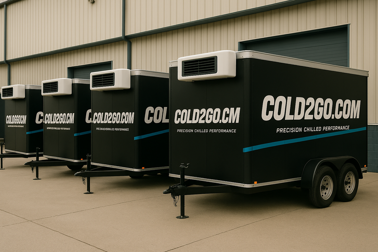 A row of trailers with the words cold2go.com on them