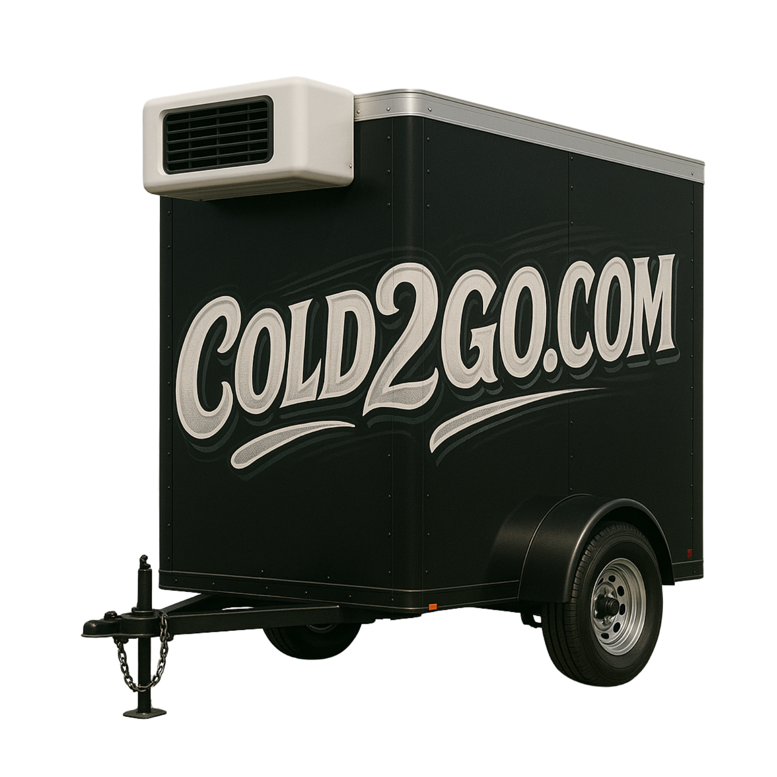 A black trailer with the words cold2go.com on it.