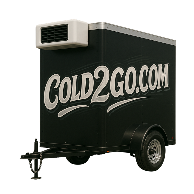 A black trailer with the words cold2go.com on it.