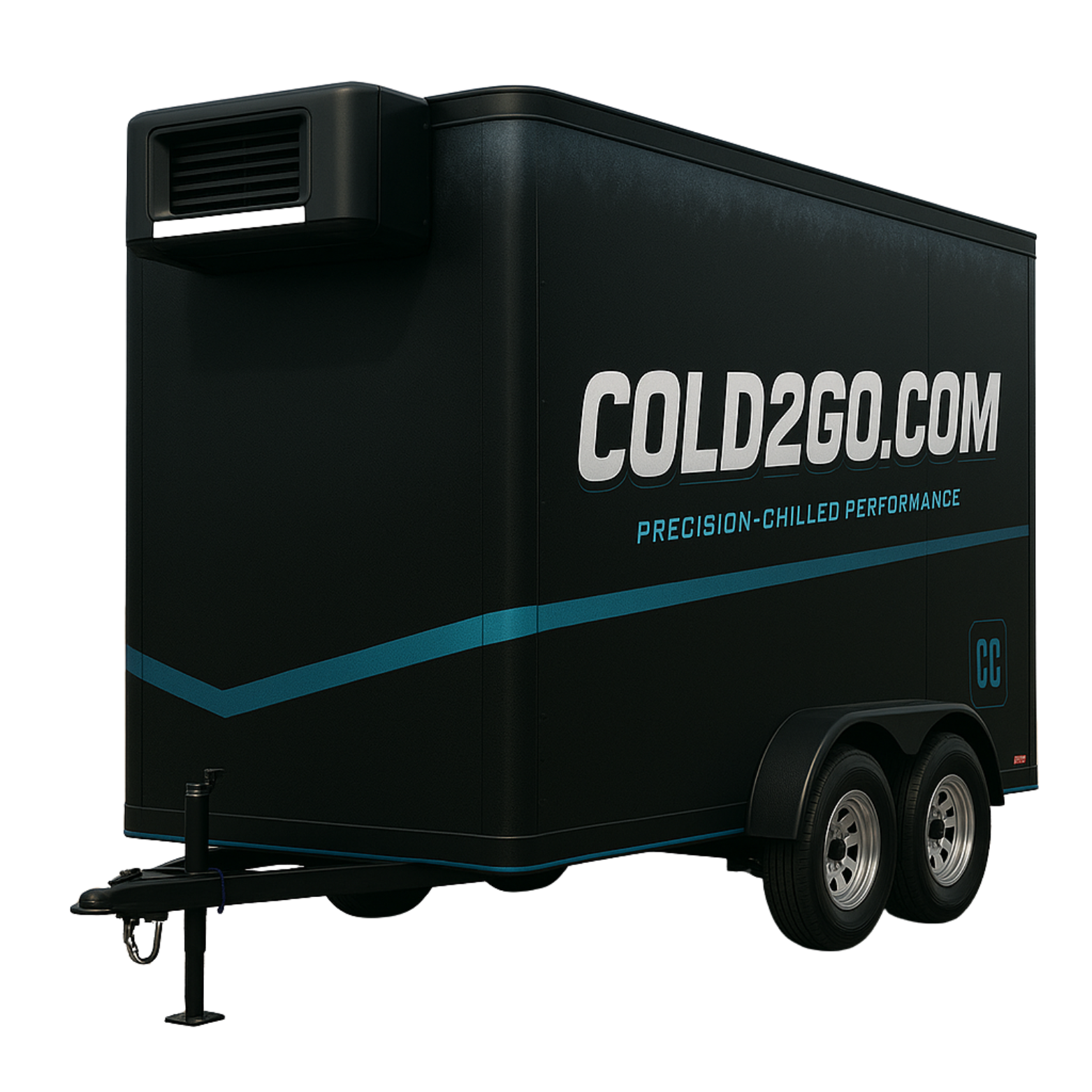 A black trailer with the website cold2go.com on the side.