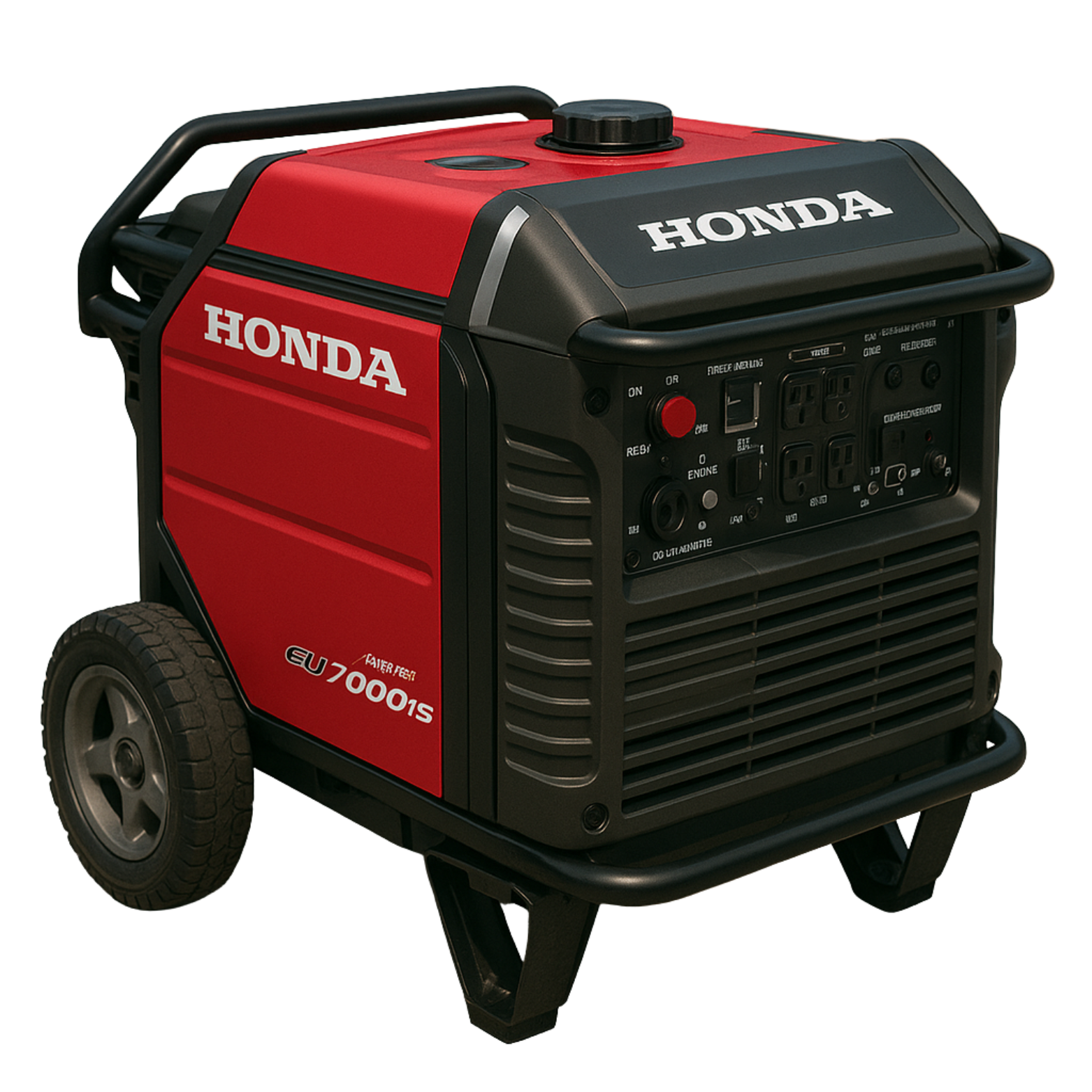 A red honda generator with wheels on a white background