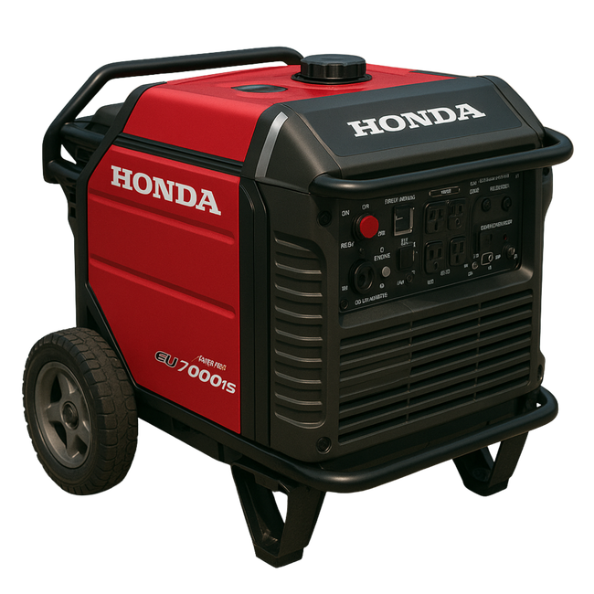 A red honda generator with wheels on a white background