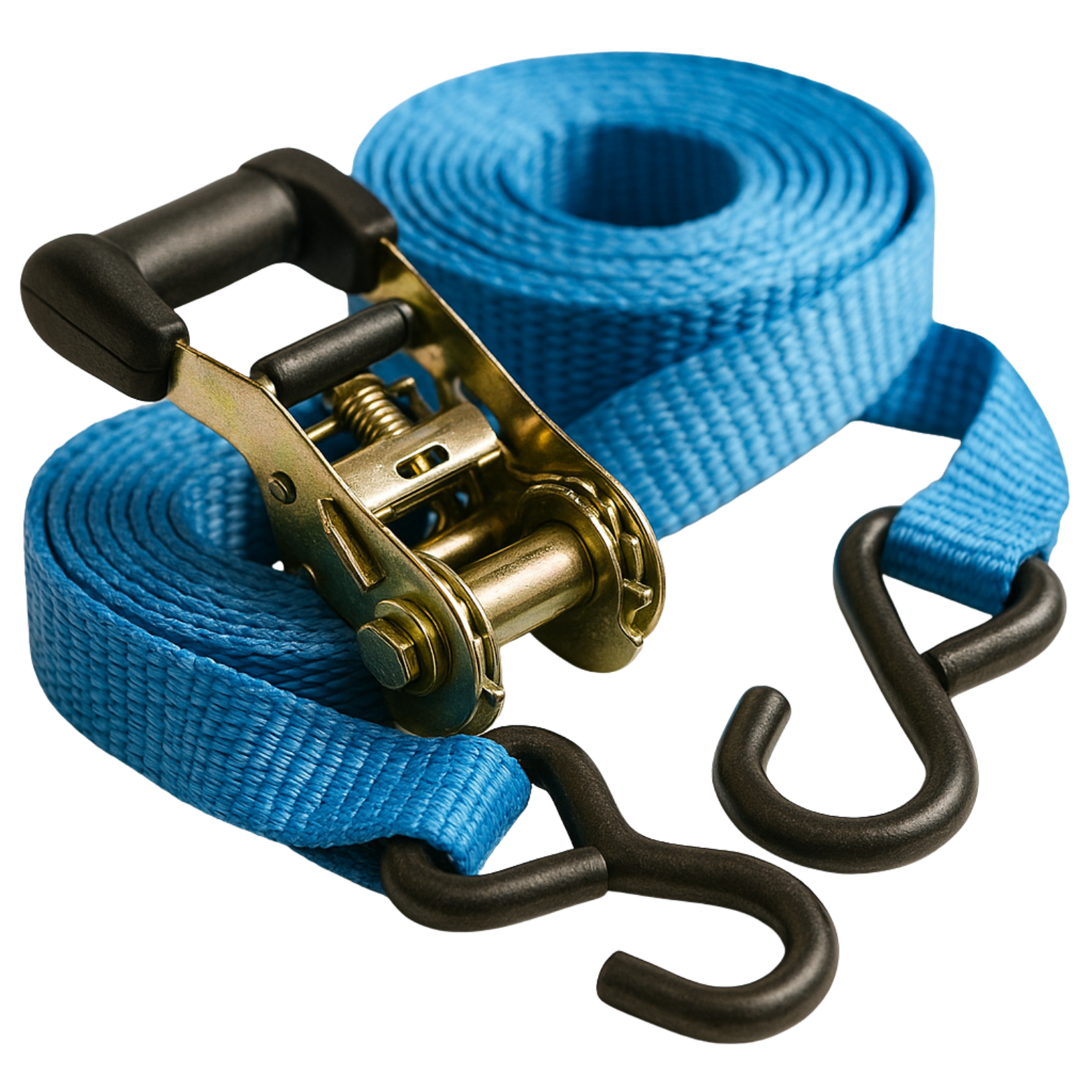 A blue ratchet strap with hooks attached to it