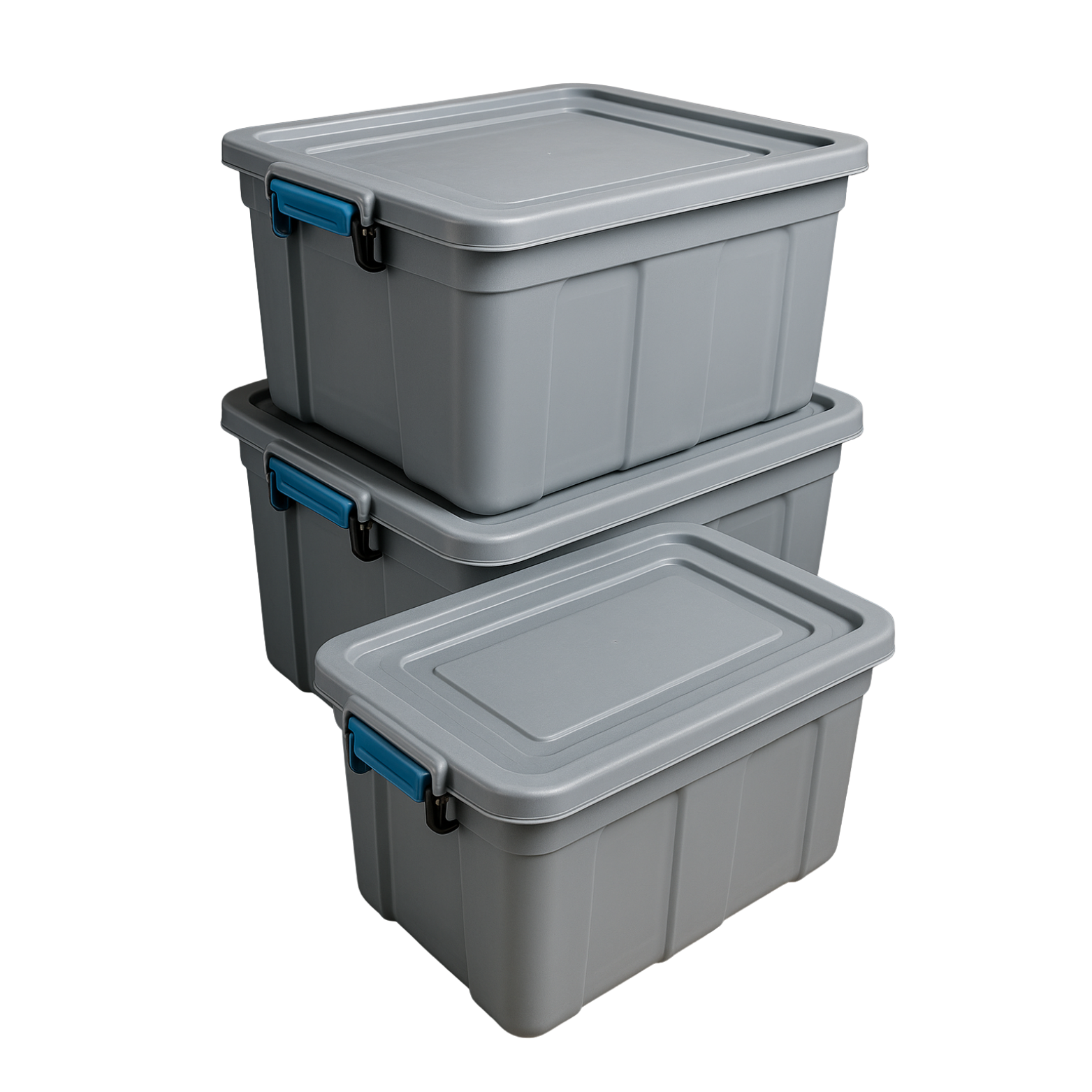 Three gray plastic storage bins with blue handles are stacked on top of each other.