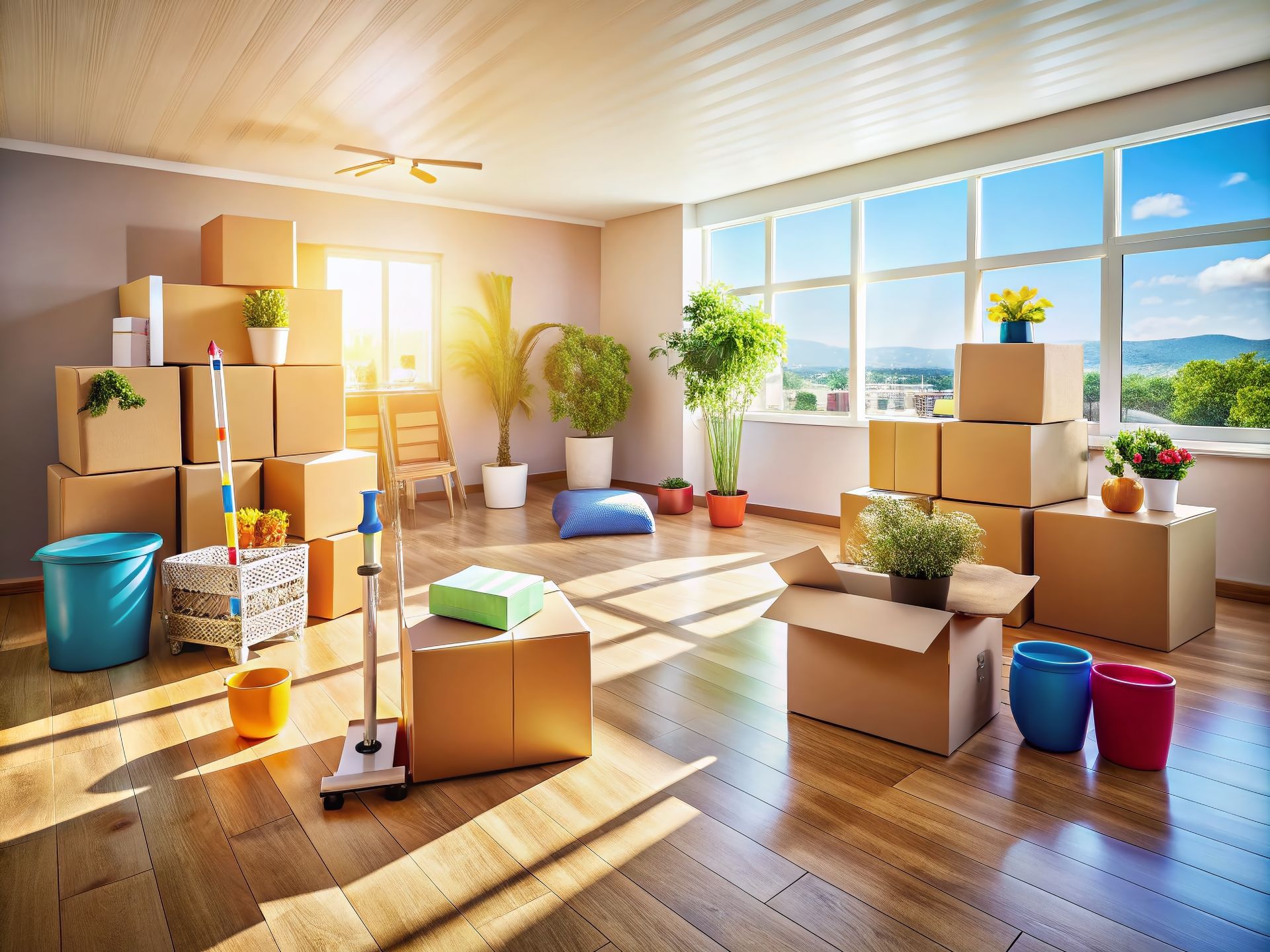 A living room filled with lots of cardboard boxes and plants.