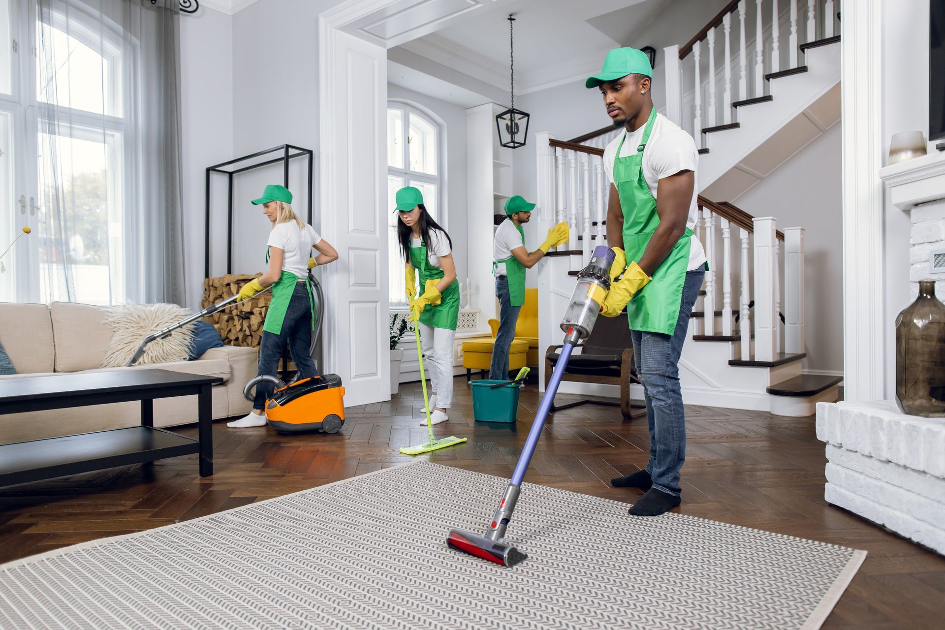 A group of people are cleaning a living room.