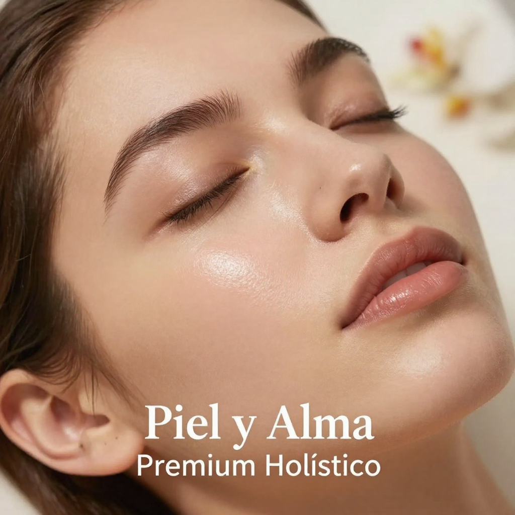 Mujer con ojos cerrados, piel radiante, enfoque suave. Texto: «Piel y Alma Premium Holístico».