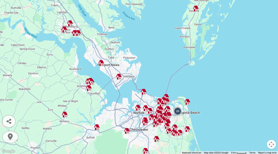 Map of the Eastern Virginia coast with many red markers indicating locations in the area. Map of the Eastern Virginia coast with many red markers indicating locations in the area.
