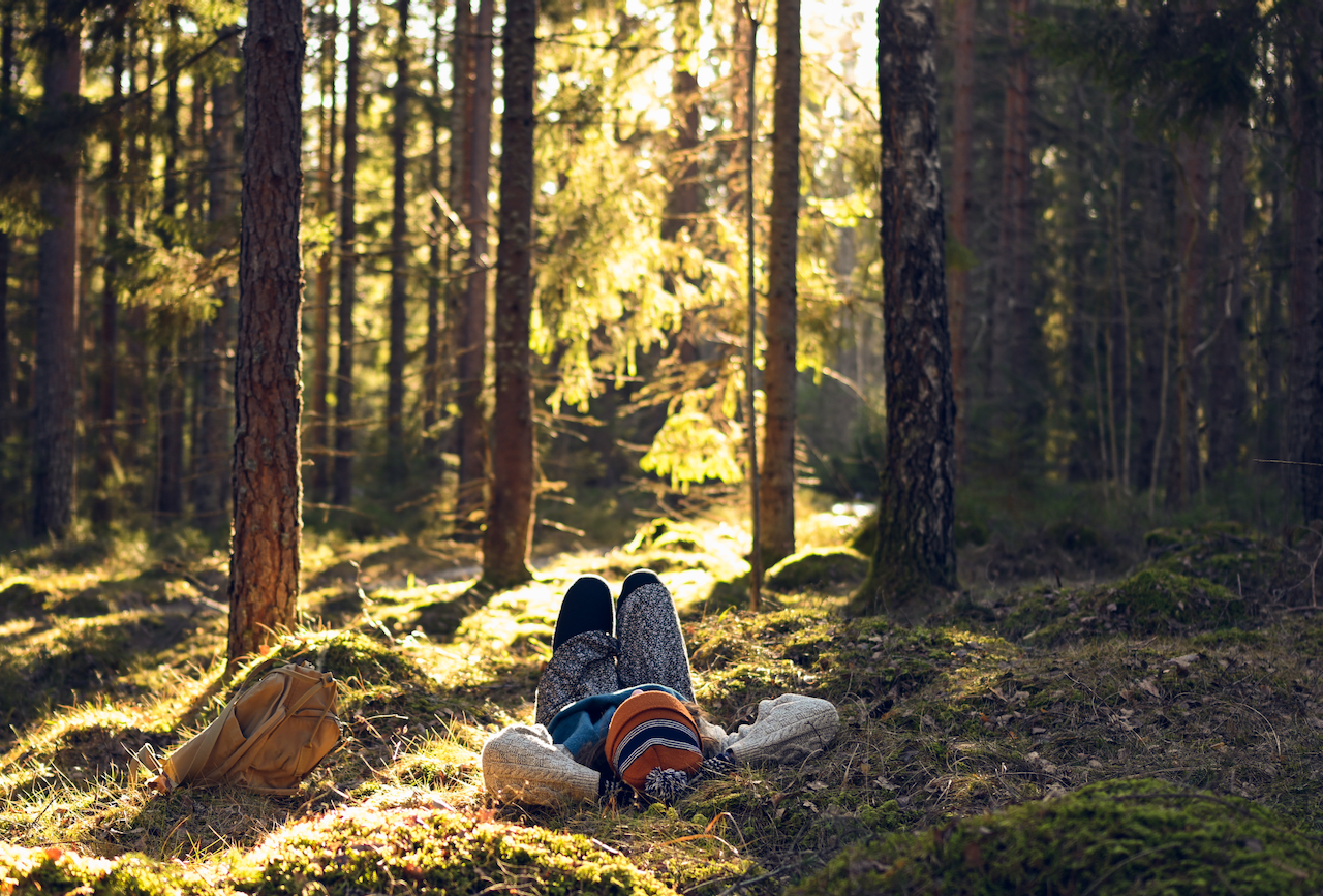 Young woman laying in a forest