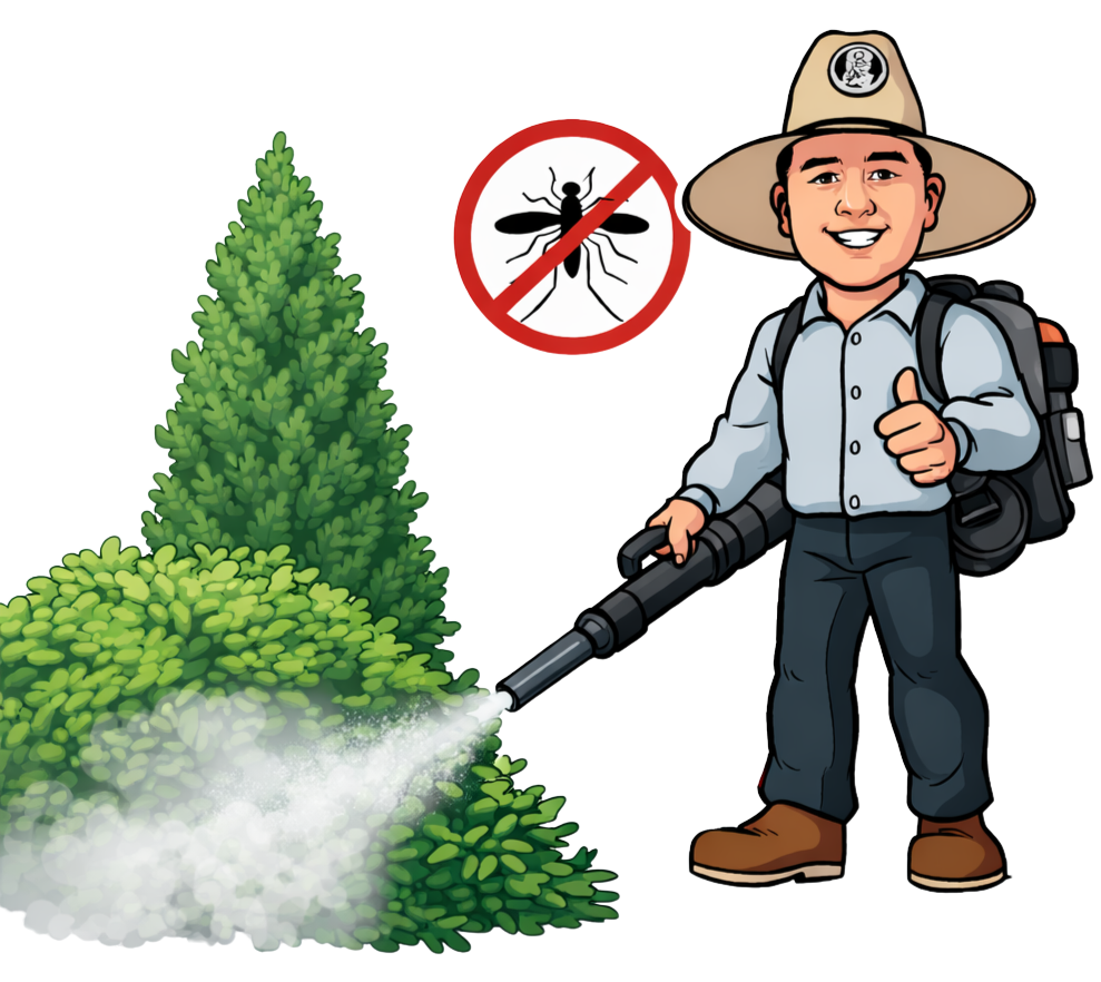 Walters Lawn Service Mascot with a Leaf Blower