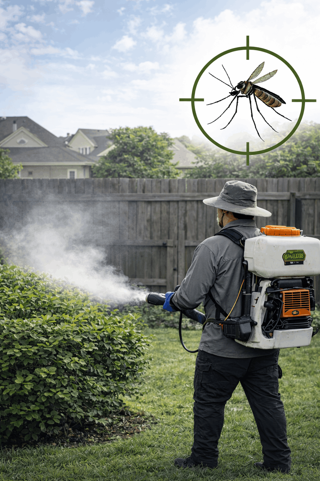 A person in a hat wearing a backpack sprayer treats a residential backyard for mosquitoes, indicated by a target icon.