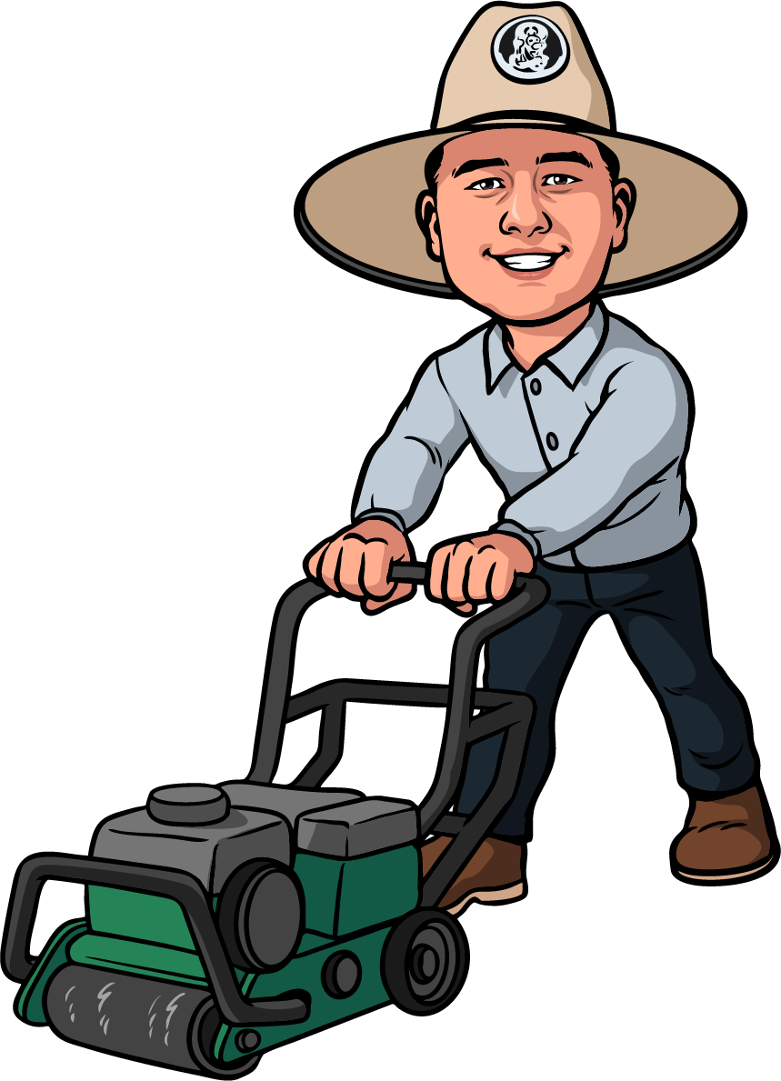 A cartoon of a man in a cowboy hat pushing a lawn mower.